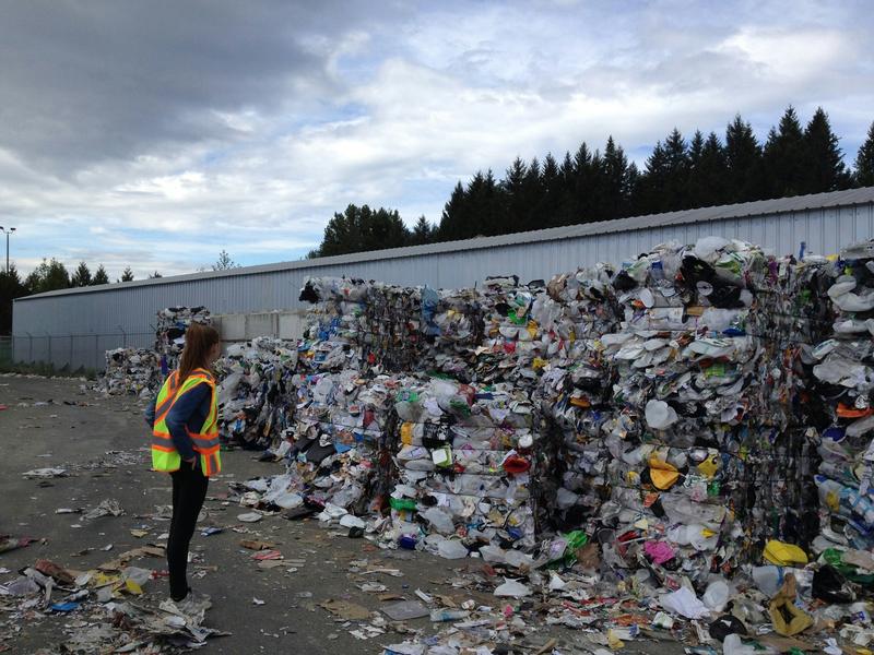 Worker in hi-vis checking bales of sorted recyclable plastic